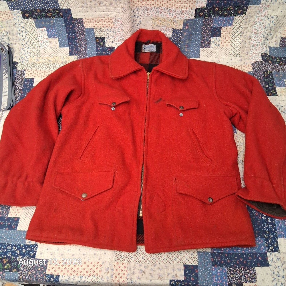 True Vintage 1940s Sportclad Mens Med Red Wool Hunting Jacket Talon Plaid Lined